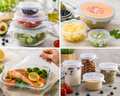 Reusable silicone stretch lids covering bowls, meal-prep containers, and jars filled with fresh food
